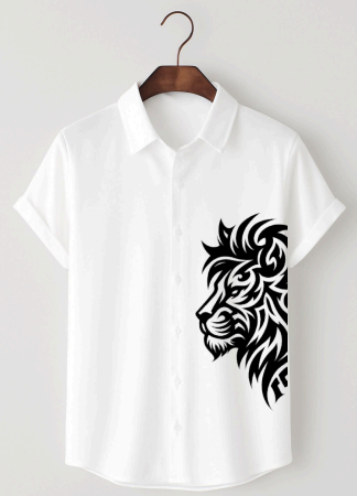 White Short Sleeve Shirt with Bold Lion Head Design