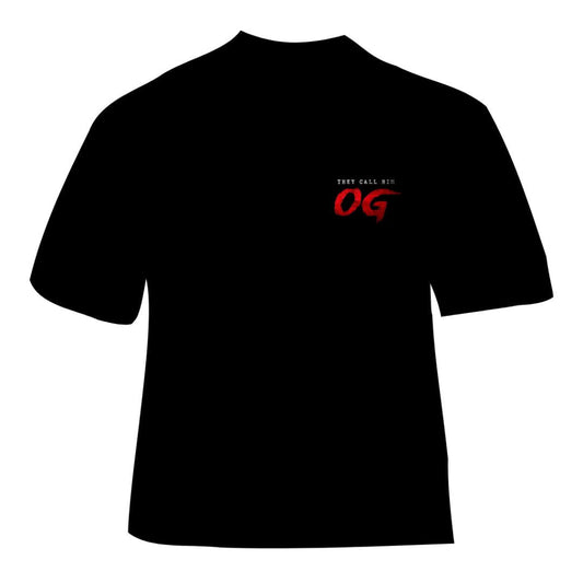 Celebrate the style and attitude of They Call Him OG with this premium black T-shirt. Featuring the bold “OG” logo in striking red and white print on the front, this shirt is perfect for fans of the movie or anyone who loves a confident, statement look.