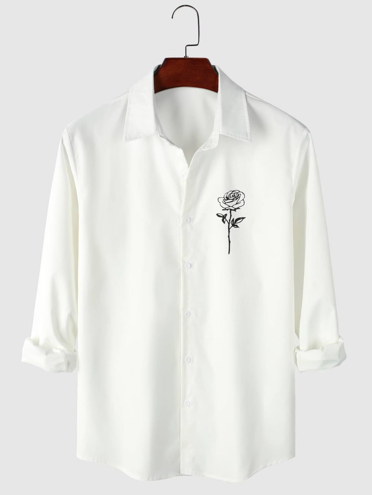 White Long Sleeve Shirt with Minimalist Rose Embroidery