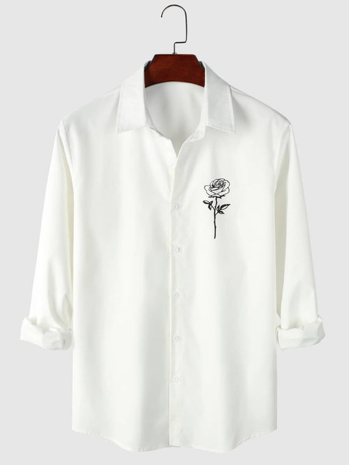 White Long Sleeve Shirt with Minimalist Rose Embroidery